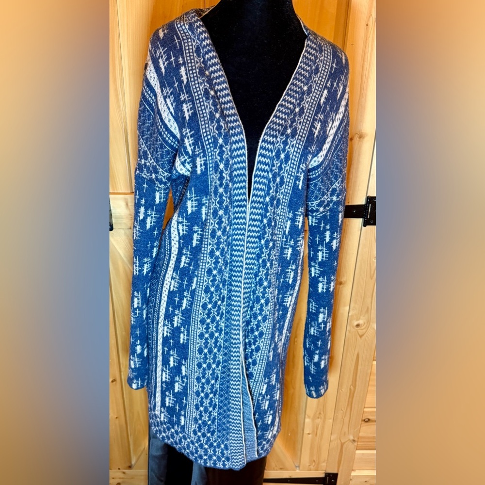 Lucky Brand Blue and Tan open front Longline cardigan sweater size medium